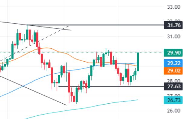 Silver prices skyrocketed by over 4%, hitting the 30 integer mark at one point